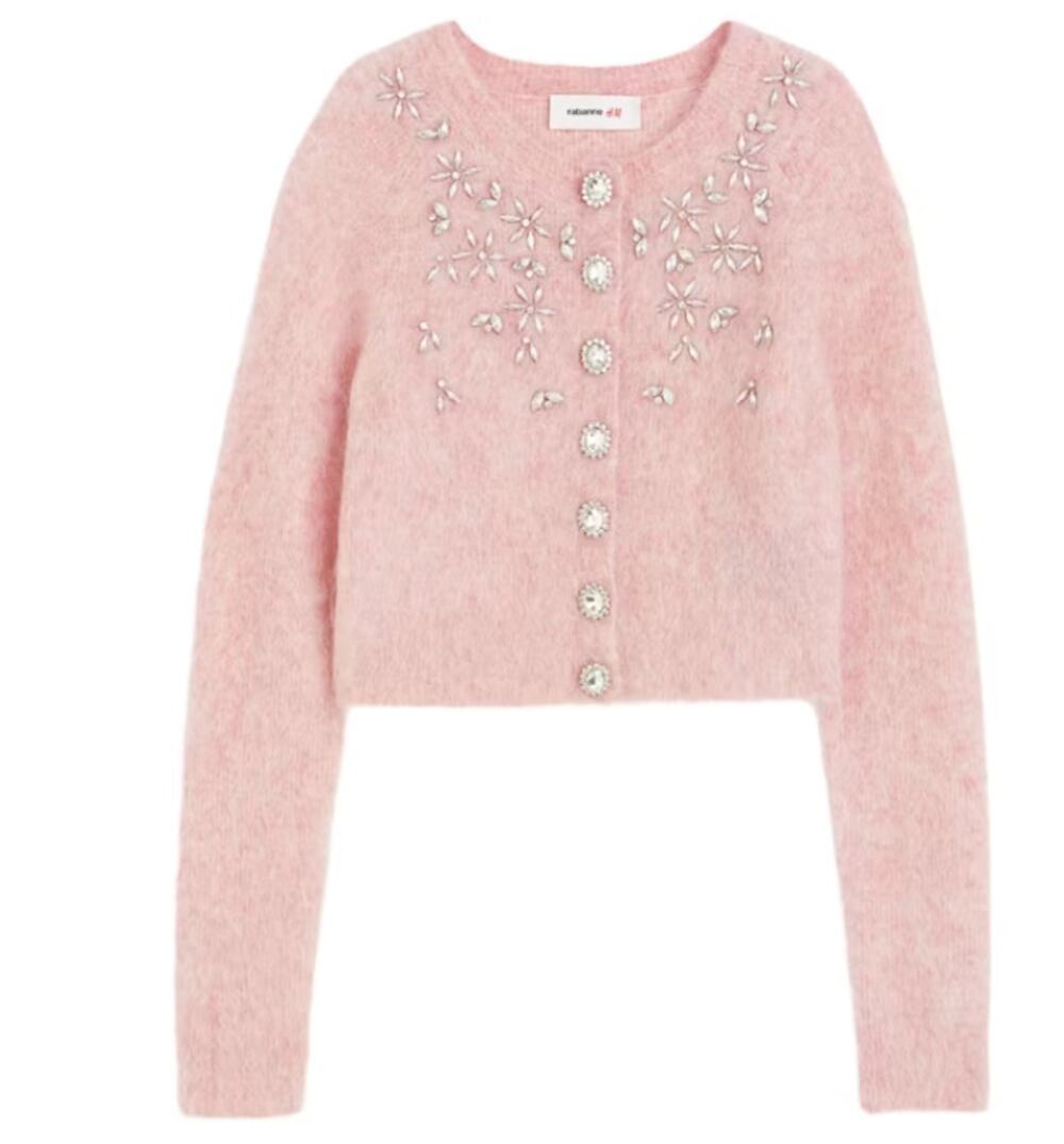 Paco Rabanne H&M Mohair Cardigan Sweater Pink Embellished Bling Crystal  L NEW